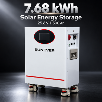 SUNEVER 7.68kWh 25.6V 300Ah 가정 에너지 저장 및 오프 그리드 백업 전원용 LiFePO4 리튬 태양광 배터리